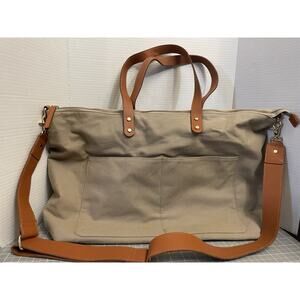 Erin Condren Canvas Weekender Large Bag Khaki Beige Tan Brown Leather Crossbody